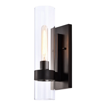 Modern black wall sconce with cylindrical clear glass shade – contemporary uplight fixture for bathrooms, hallways, or bedrooms