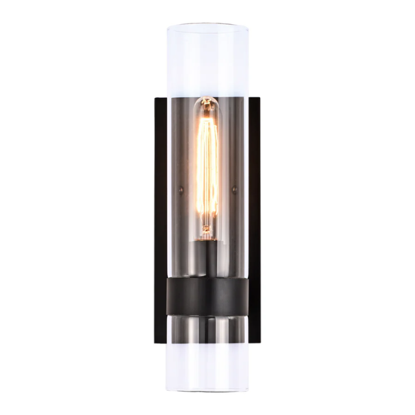 Modern black wall sconce with cylindrical clear glass shade – contemporary uplight fixture for bathrooms, hallways, or bedrooms

