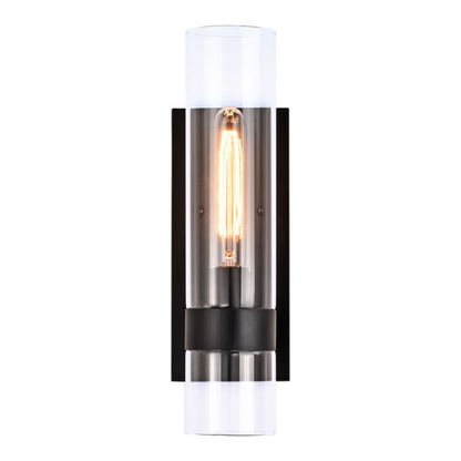 Modern black wall sconce with cylindrical clear glass shade – contemporary uplight fixture for bathrooms, hallways, or bedrooms

