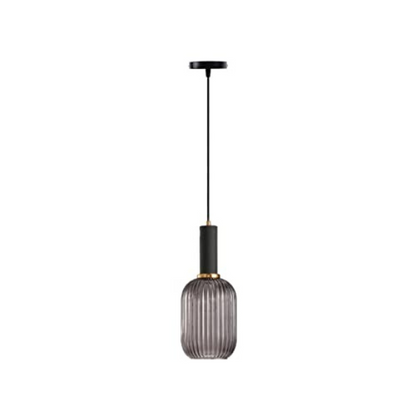 Modern black glass pendant light with frosted smoke gray shade and brass finish for contemporary home decor.