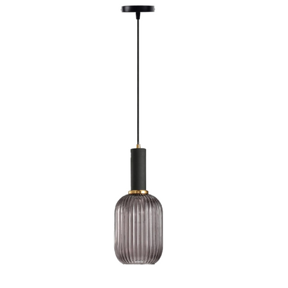 Modern black glass pendant light with frosted smoke gray shade and brass finish for contemporary home decor.