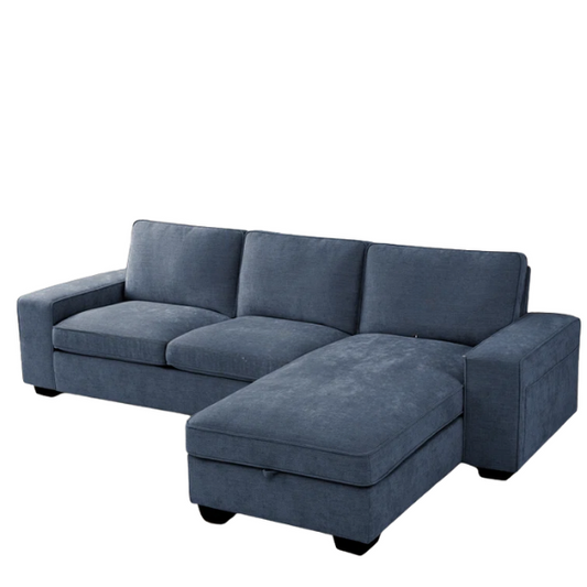 Modern blue chenille sofa with reversible cushions, under-seat storage, built-in USB port, and included ottoman and accent pillows.

