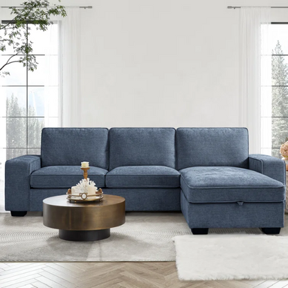 Modern blue chenille sofa with reversible cushions, under-seat storage, built-in USB port, and included ottoman and accent pillows.

