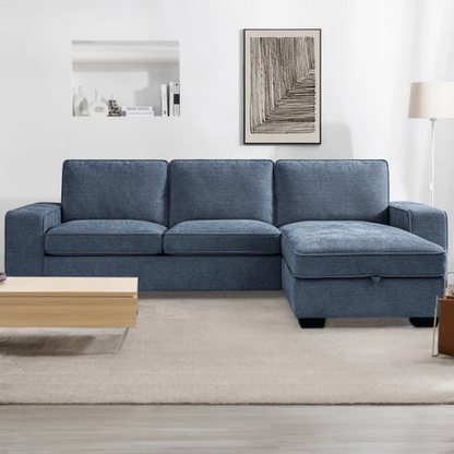 Modern blue chenille sofa with reversible cushions, under-seat storage, built-in USB port, and included ottoman and accent pillows.

