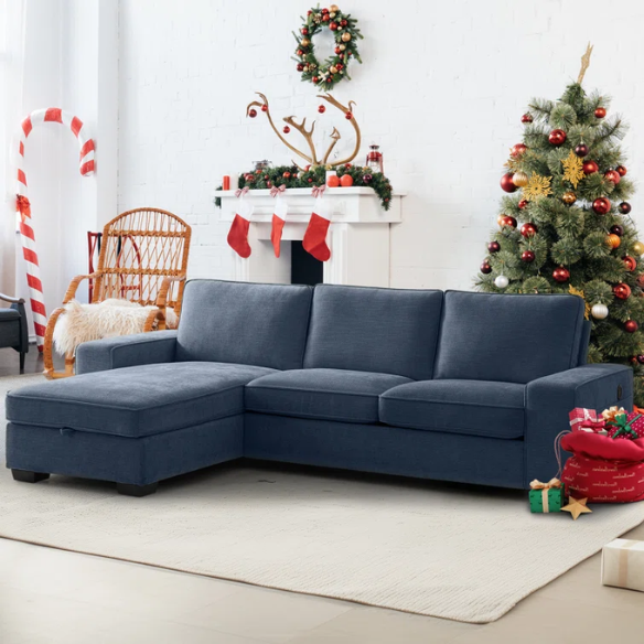 Modern blue chenille sofa with reversible cushions, under-seat storage, built-in USB port, and included ottoman and accent pillows.

