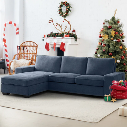 Modern blue chenille sofa with reversible cushions, under-seat storage, built-in USB port, and included ottoman and accent pillows.


