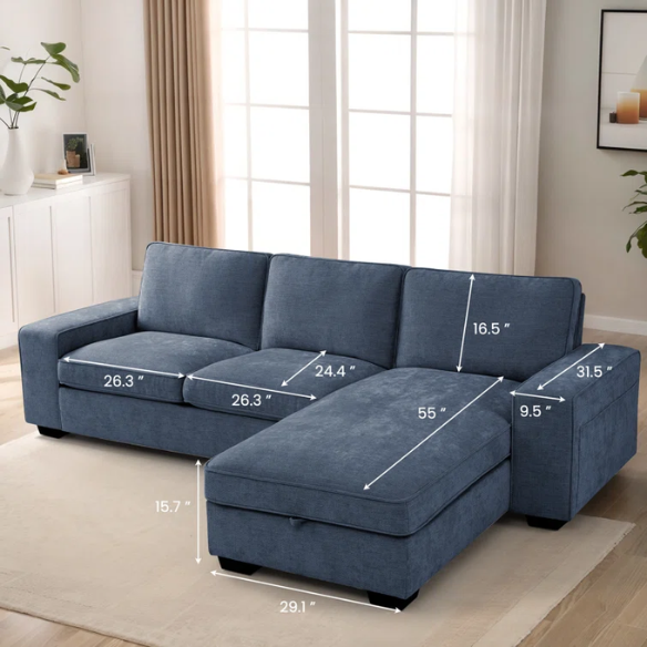 Modern blue chenille sofa with reversible cushions, under-seat storage, built-in USB port, and included ottoman and accent pillows.

