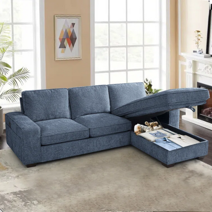 Modern blue chenille sofa with reversible cushions, under-seat storage, built-in USB port, and included ottoman and accent pillows.

