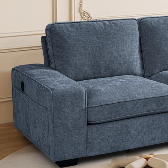 Modern blue chenille sofa with reversible cushions, under-seat storage, built-in USB port, and included ottoman and accent pillows.

