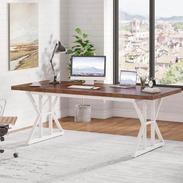Modern brown and white computer desk with storage drawers for home office