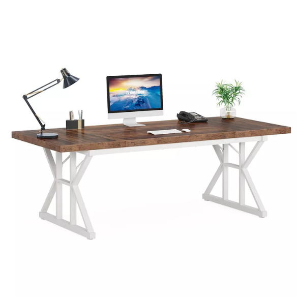 Modern brown and white computer desk with storage drawers for home office