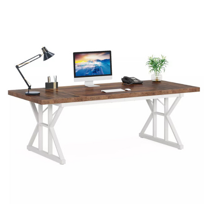 Modern brown and white computer desk with storage drawers for home office