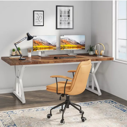 Modern brown and white computer desk with storage drawers for home office