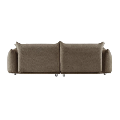Modern camel upholstered sofa with deep seating and chrome-finished legs, featuring 4 matching accent pillows, ideal for stylish living rooms.