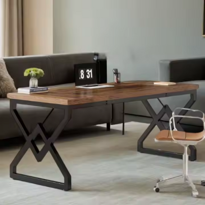 Modern executive desk with geometric metal legs and large wood surface for home office or study