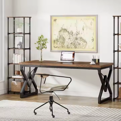 Modern executive desk with geometric metal legs and large wood surface for home office or study