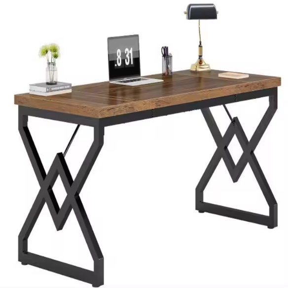 Modern executive desk with geometric metal legs and large wood surface for home office or study