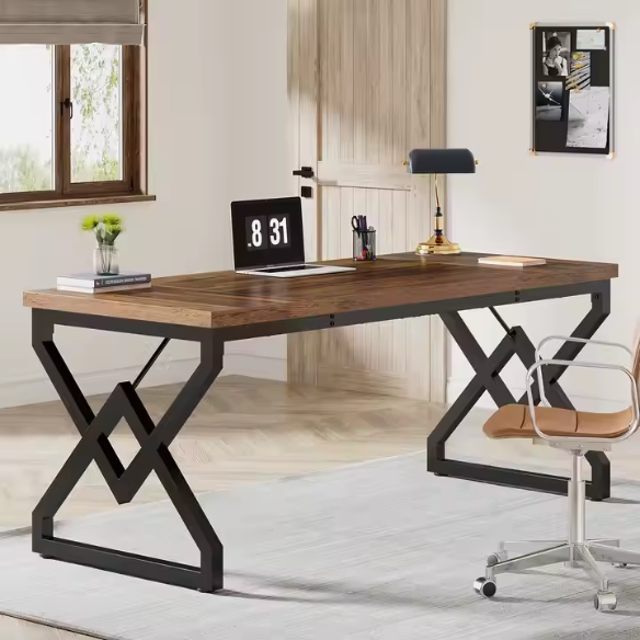 Modern executive desk with geometric metal legs and large wood surface for home office or study
