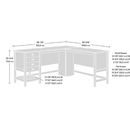 Modern farmhouse L-shaped executive desk in soft white with Lintel Oak accents, featuring spacious work surface and practical storage.
