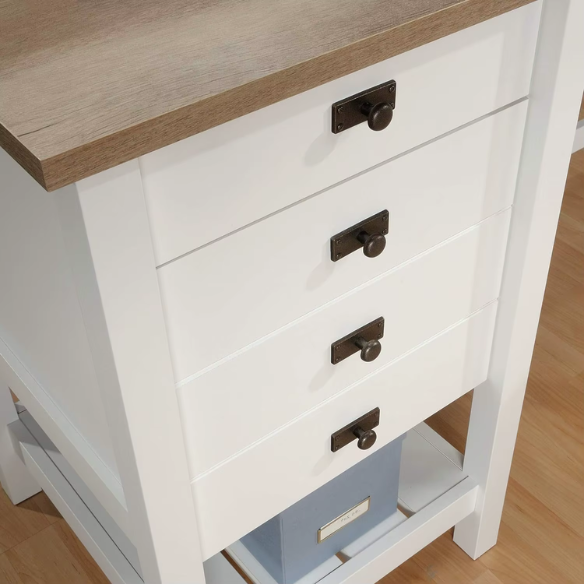 Modern farmhouse L-shaped executive desk in soft white with Lintel Oak accents, featuring spacious work surface and practical storage.