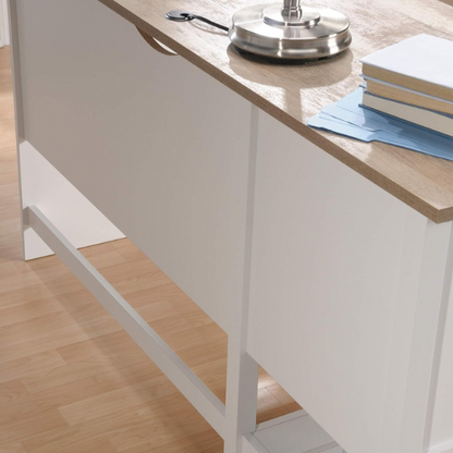 Modern farmhouse L-shaped executive desk in soft white with Lintel Oak accents, featuring spacious work surface and practical storage.