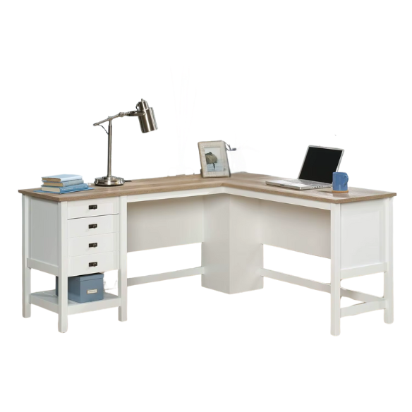Modern farmhouse L-shaped executive desk in soft white with Lintel Oak accents, featuring spacious work surface and practical storage.