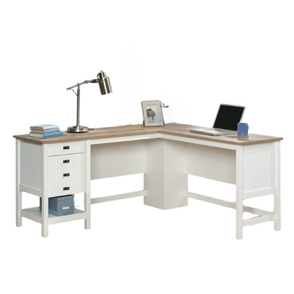 Modern farmhouse L-shaped executive desk in soft white with Lintel Oak accents, featuring spacious work surface and practical storage.