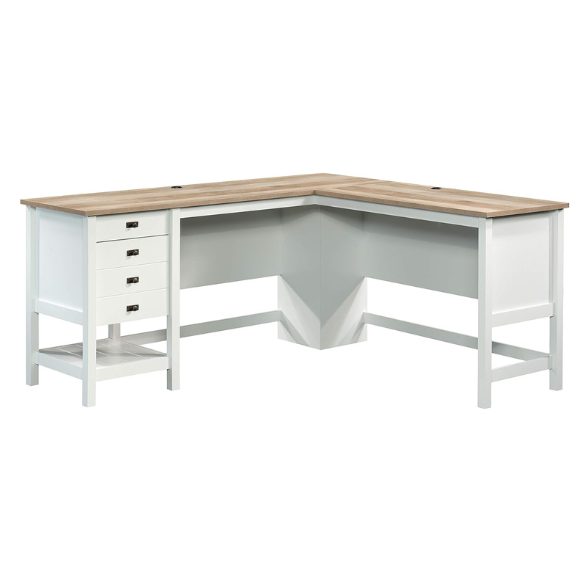 Modern farmhouse L-shaped executive desk in soft white with Lintel Oak accents, featuring spacious work surface and practical storage.