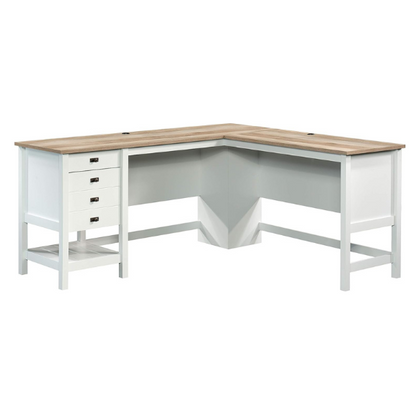 Modern farmhouse L-shaped executive desk in soft white with Lintel Oak accents, featuring spacious work surface and practical storage.