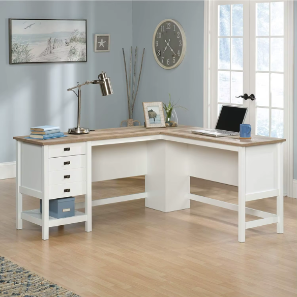 Modern farmhouse L-shaped executive desk in soft white with Lintel Oak accents, featuring spacious work surface and practical storage.