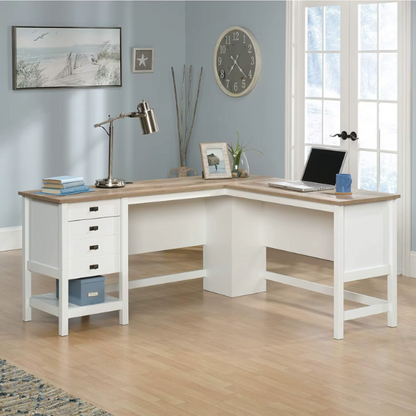 Modern farmhouse L-shaped executive desk in soft white with Lintel Oak accents, featuring spacious work surface and practical storage.