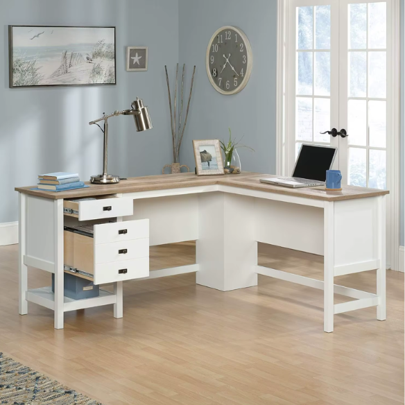 Modern farmhouse L-shaped executive desk in soft white with Lintel Oak accents, featuring spacious work surface and practical storage.