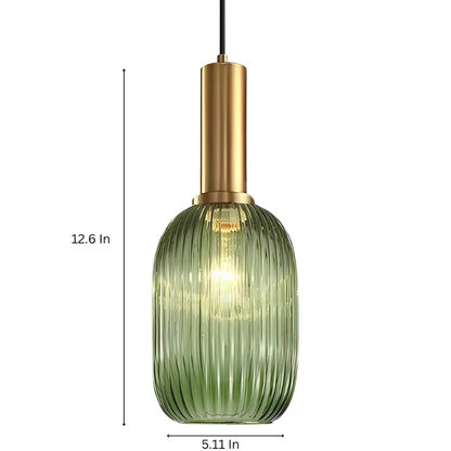 Modern green glass pendant light with gold finish, perfect for contemporary interiors.