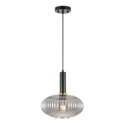 Modern grey glass pendant light with black and gold finishes – adjustable height chandelier for dining room, kitchen, and living room.