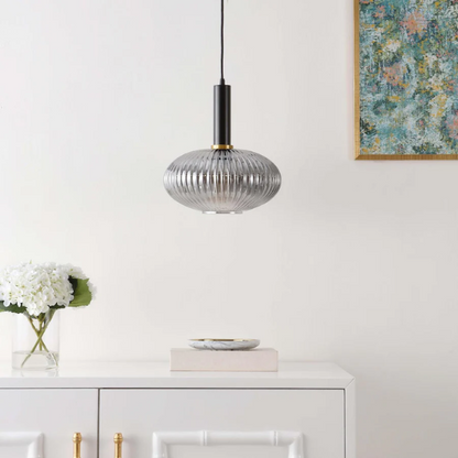 Modern grey glass pendant light with black and gold finishes – adjustable height chandelier for dining room, kitchen, and living room.