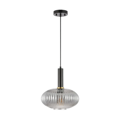 Modern grey glass pendant light with black and gold finishes – adjustable height chandelier for dining room, kitchen, and living room.