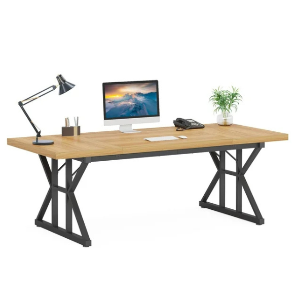 Modern light walnut computer desk with black legs for home office and gaming