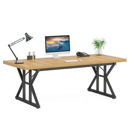 Modern light walnut computer desk with black legs for home office and gaming