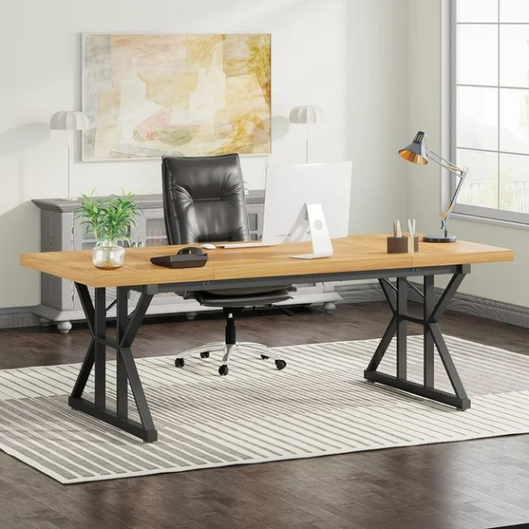 Modern light walnut computer desk with black legs for home office and gaming