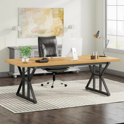 Modern light walnut computer desk with black legs for home office and gaming