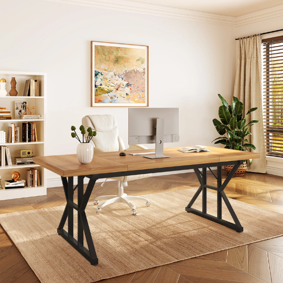 Modern light walnut computer desk with black legs for home office and gaming