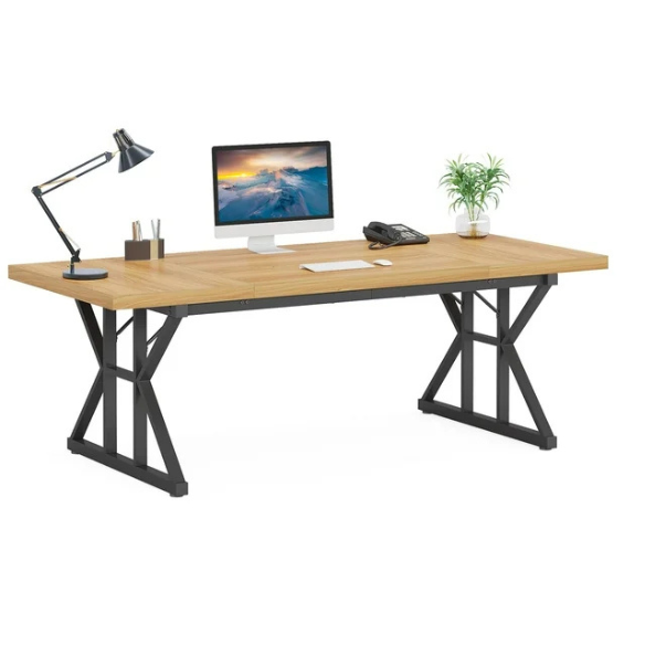 Modern light walnut computer desk with black legs for home office and gaming