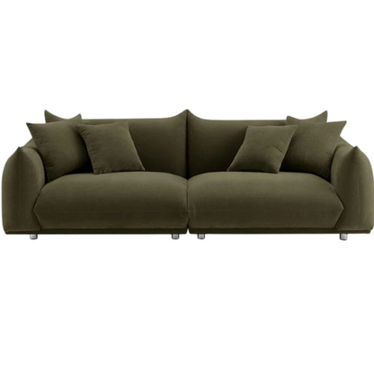 Modern olive drab upholstered sofa with deep seating and chrome-finished legs, featuring 4 matching accent pillows—perfect for modern and rustic interiors.