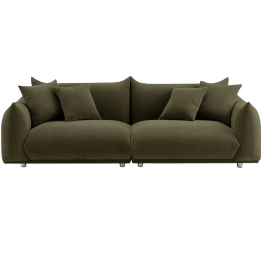Modern olive drab upholstered sofa with deep seating and chrome-finished legs, featuring 4 matching accent pillows—perfect for modern and rustic interiors.