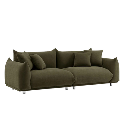 Modern olive drab upholstered sofa with deep seating and chrome-finished legs, featuring 4 matching accent pillows—perfect for modern and rustic interiors.