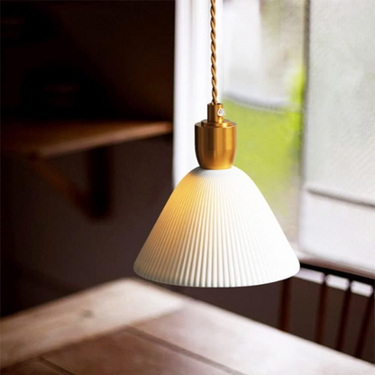 Modern pleated ceramic chandelier with brass accents, adjustable pendant light for home and restaurant decor