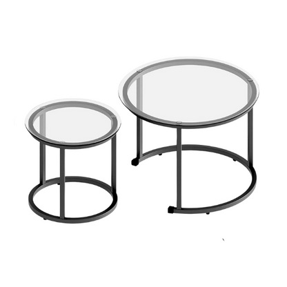 Modern round nesting coffee tables with black glass top and black metal legs