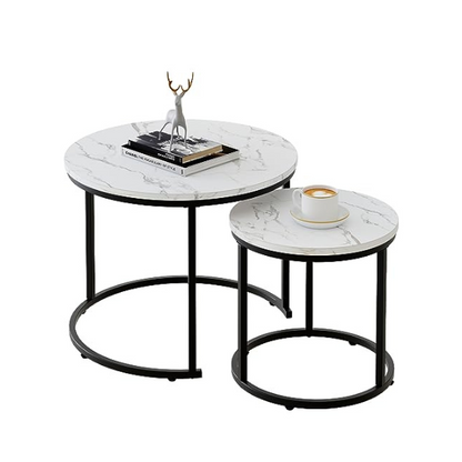 Modern round nesting coffee tables with black metal frame and white marble top