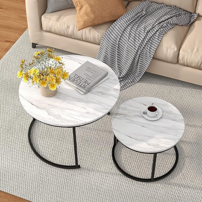 Modern round nesting coffee tables with black metal frame and white marble top