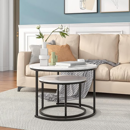 Modern round nesting coffee tables with black metal frame and white marble top